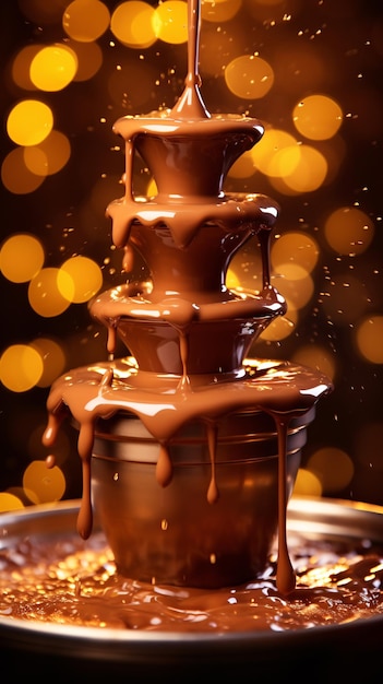 Foto fontana di cioccolato che sgorga contro uno sfondo illuminato con copyspace sinistro