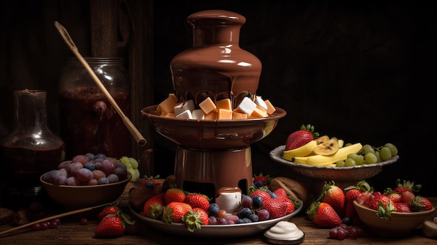 A chocolate fountain with fruit on the table