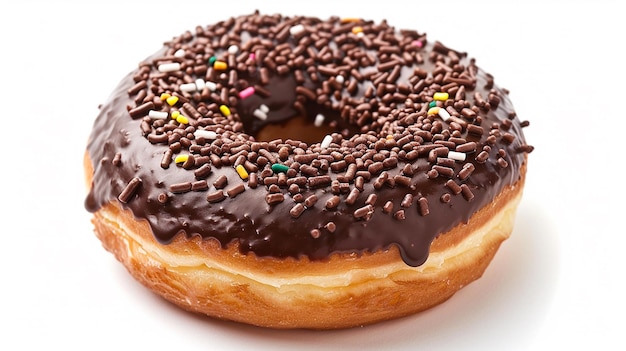 Photo a chocolate frosted donut with sprinkles on it