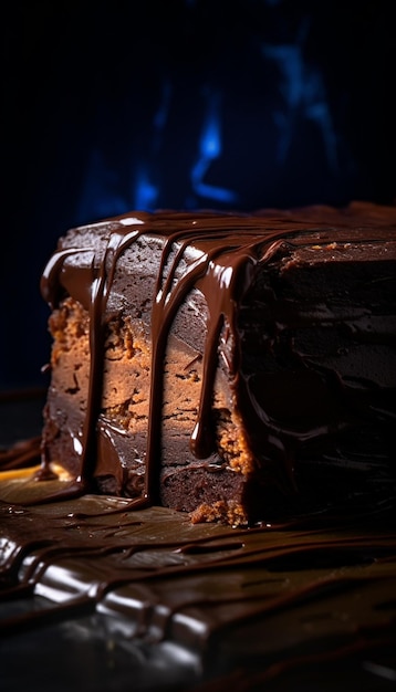 A chocolate fudge cake with chocolate sauce drizzled on top.