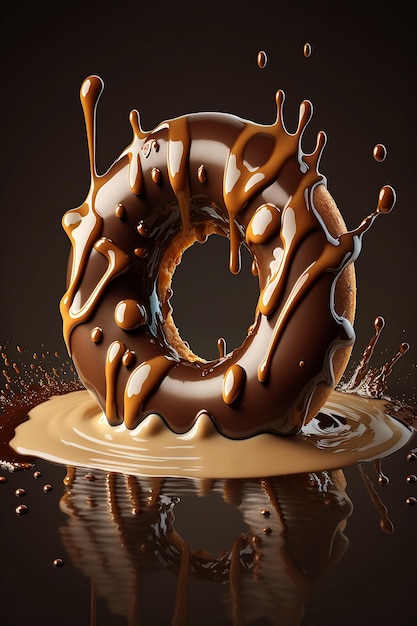 Chocolate glazed donut on black background