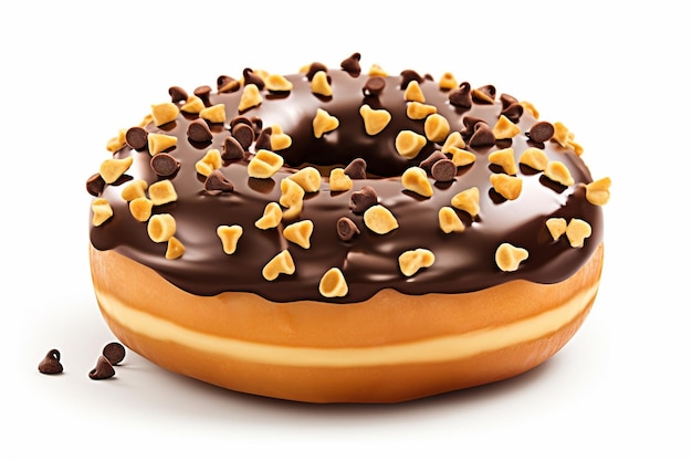 Шоколадный глазурный пончик с шоколадными чипсами, изолированный от вкусного пончика.