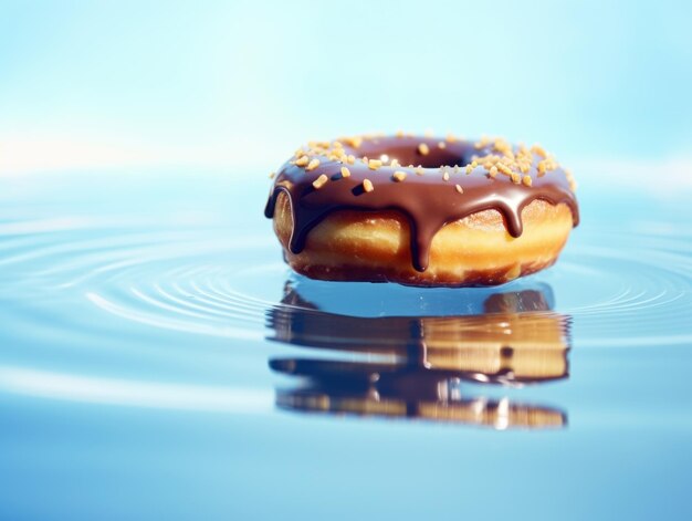 A chocolate glazed donut with sprinkles floats on clear blue water