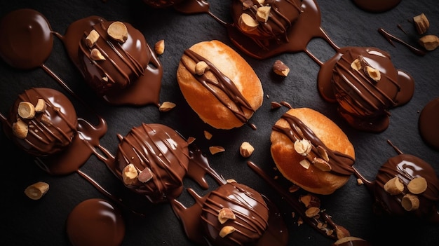 Chocolate glazed profiteroles on a dark background