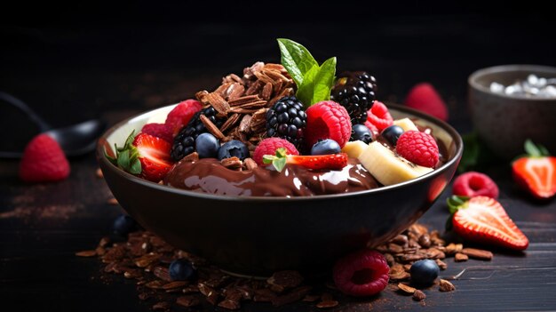 Photo chocolate granola bowl with fruit and berry