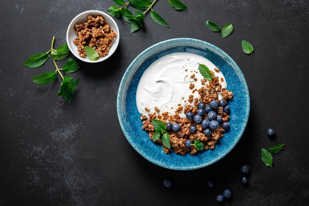 Chocolate granola with white plain yogurt and fresh