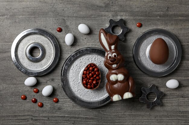 Chocolate hare with metal gears and weights