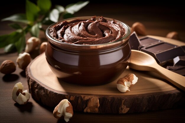 Chocolate hazelnut spread in wooden bowl