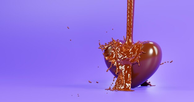 Cuore di cioccolato ricoperto di sciroppo caramelle al cioccolato nel rendering 3d di cioccolata calda