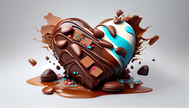 Шоколадное сердце с кусочками шоколада и шоколадным соусом на белом фоне.