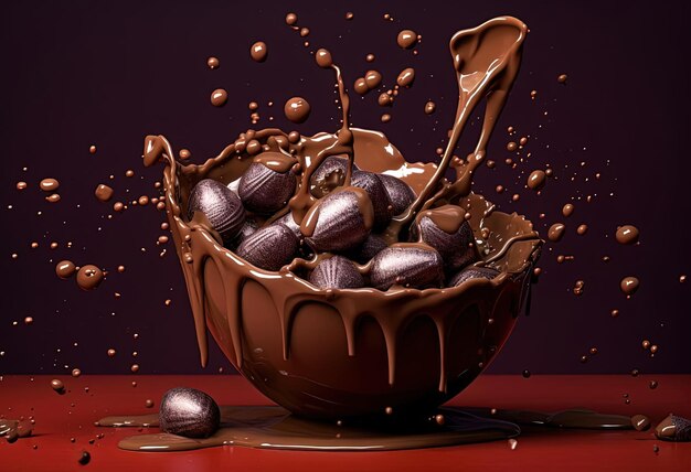 초콜릿 하트는 사실적인 정물 스타일의 그릇에 뿌려집니다.