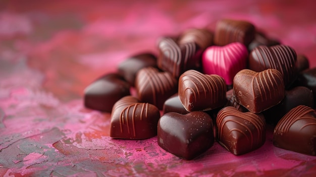 Chocolate hearts on pink background closeup