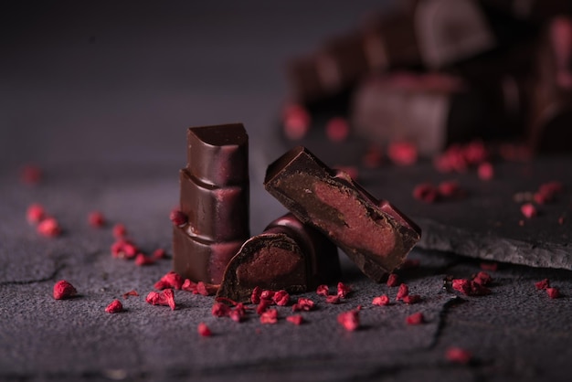 Chocolate homemade candies with raspberry fillings