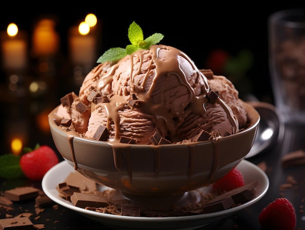 Photo chocolate ice cream ball in a bowl generative ai