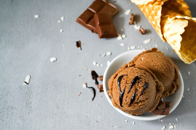 Chocolate ice cream ball in bowl