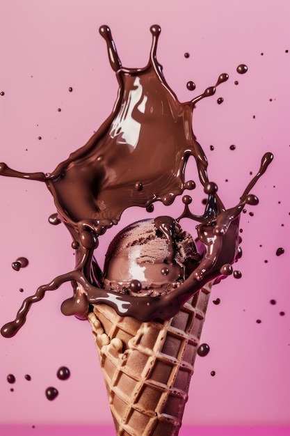 Chocolate ice cream balls in waffle cone with a splash of cream on a pink Vertical orientation