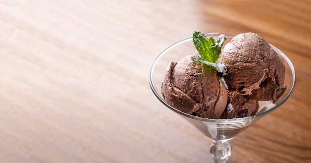 Chocolate Ice Cream Balls with mint in a glass Copy space