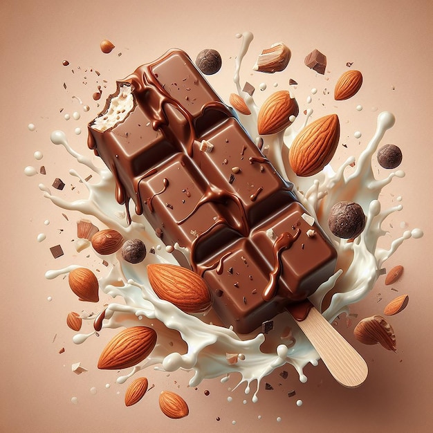 Chocolate ice cream bar Milk splash nut almond wood stick sweet dessert cold vanilla