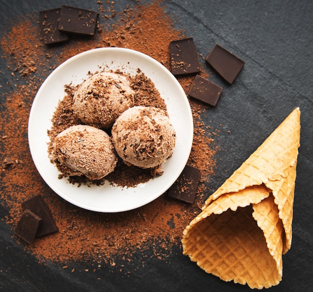 Chocolate ice cream on a black background