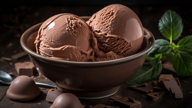 Chocolate ice cream in a bowl with chocolate pieces on the side