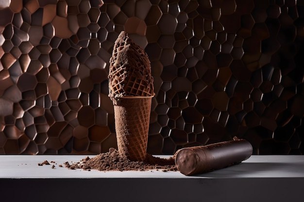 Photo chocolate ice cream cone ads pouring chocolate toppings neural network ai generated