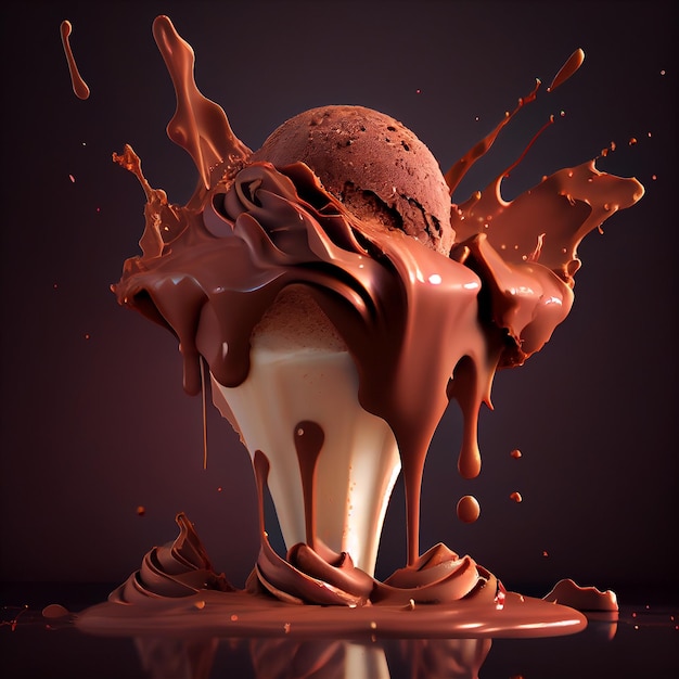 A chocolate ice cream cone is being dropped into a dark background.