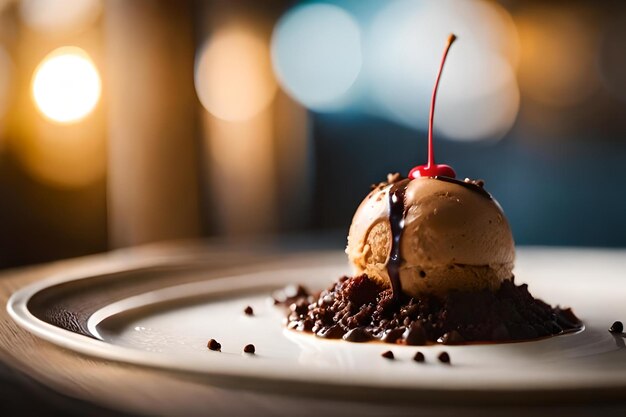 Foto un cono gelato al cioccolato con una ciliegia in cima.