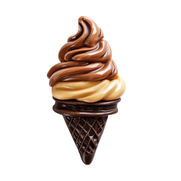 a chocolate ice cream cone with chocolate icing on it