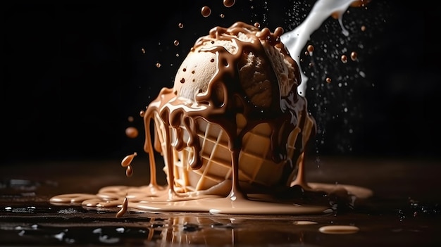 A chocolate ice cream cone with chocolate sauce dripping down the side.