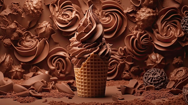 A chocolate ice cream cone with a flower on the top.