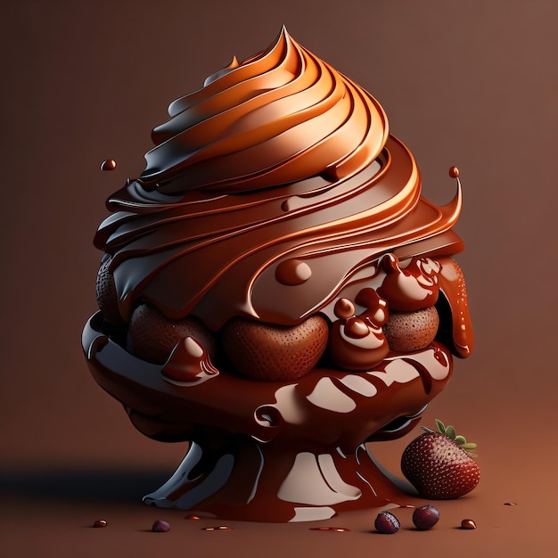 Конус шоколадного мороженого с большим количеством клубники на нем.
