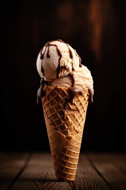 A chocolate ice cream cone with a scoop of vanilla ice cream on top.