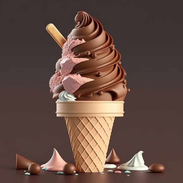 A chocolate ice cream cone with a stick of chocolate on it.