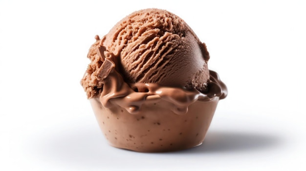 A chocolate ice cream cup with chocolate sauce and chocolate pieces on it.