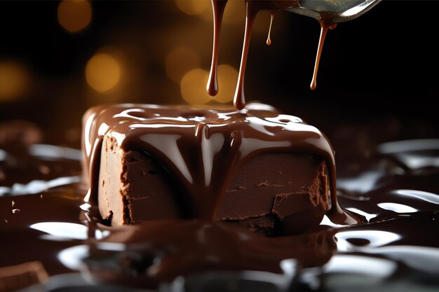 A chocolate ice cream dessert with a spoon drizzled with chocolate sauce.