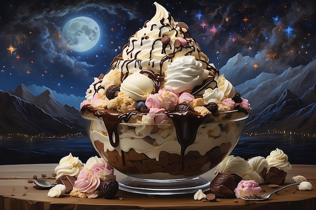 Chocolate ice cream in a glass bowl on the background of the night sky