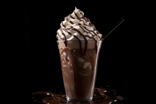 Chocolate ice cream in a glass with a straw drizzled with chocolate on a black background