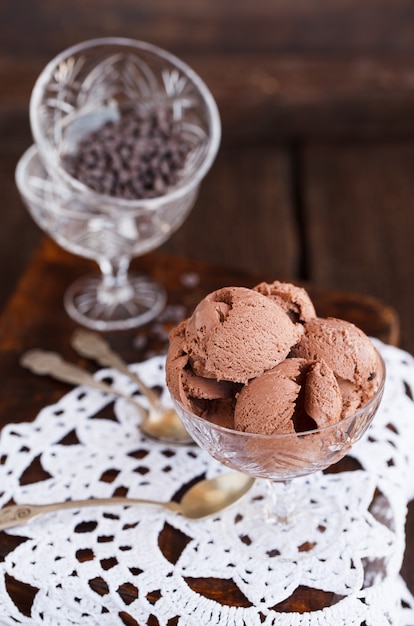 Chocolate ice cream in the ice-cream bowls.selective focus