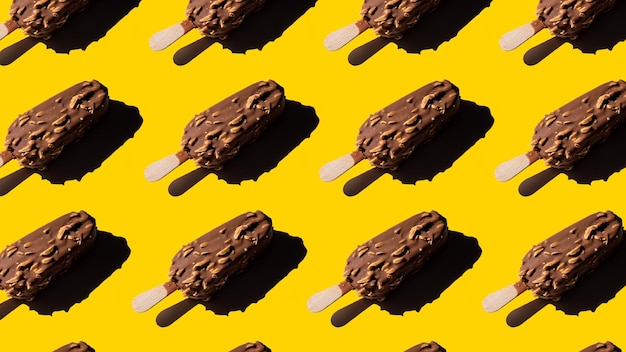 Chocolate ice cream pattern with almonds on yellow background Refreshing summer concept