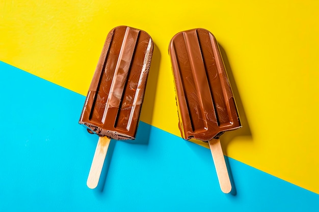 Chocolate ice cream popsicles on blue and yellow background