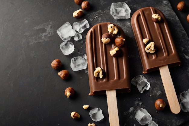 Foto popsicle di gelato al cioccolato con noci su sfondo nero vista superiore