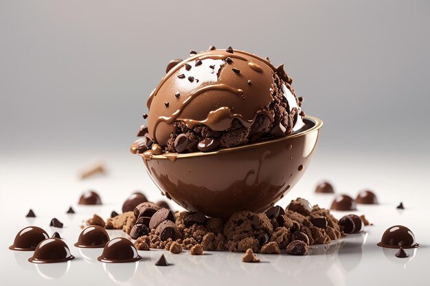 Chocolate ice cream scoop ball with chocolate chips on white background