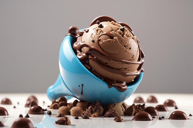 Chocolate ice cream scoop ball with chocolate chips on white background