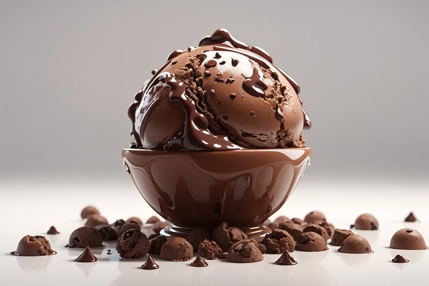 Photo chocolate ice cream scoop ball with chocolate chips on white background