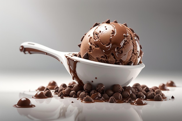 Chocolate ice cream scoop ball with chocolate chips on white background