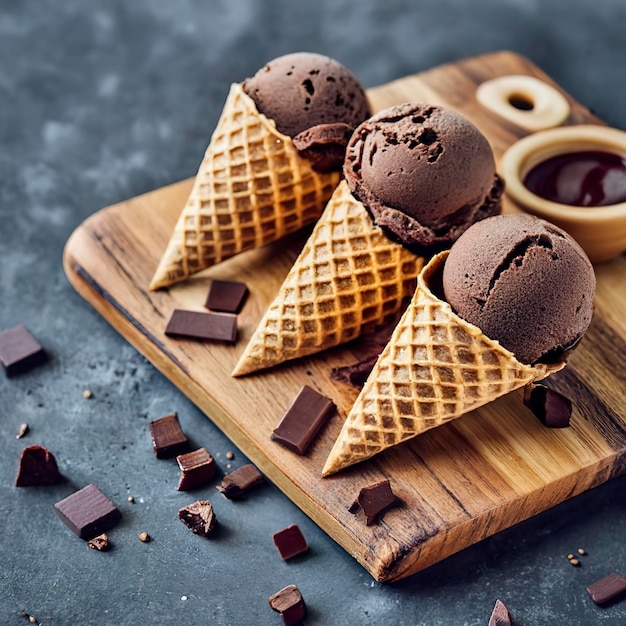 Chocolate ice cream scoops in waffle cones on a wooden board