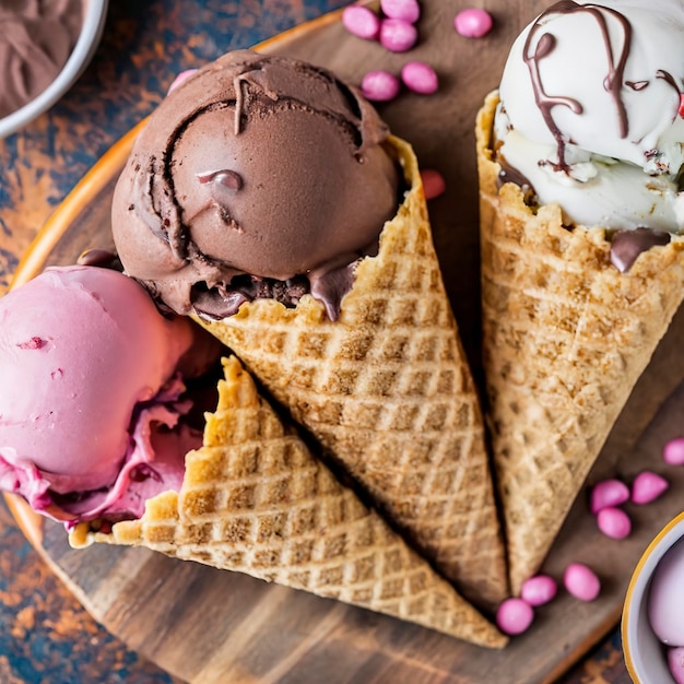 Chocolate ice cream scoops in waffle cones on a wooden board