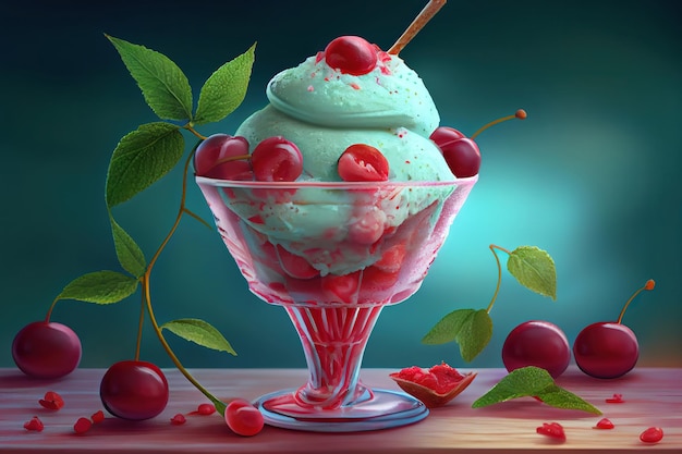 A chocolate ice cream sundae with mint and cherry toppings Generative Ai