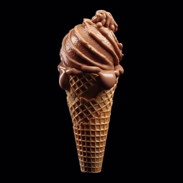 Chocolate ice cream in a waffle cone on a black background