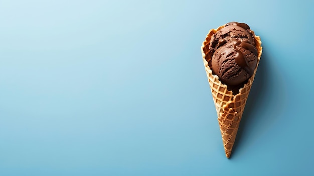 Chocolate ice cream in a waffle cone blue background flat lay top view copy space Su Generative AI